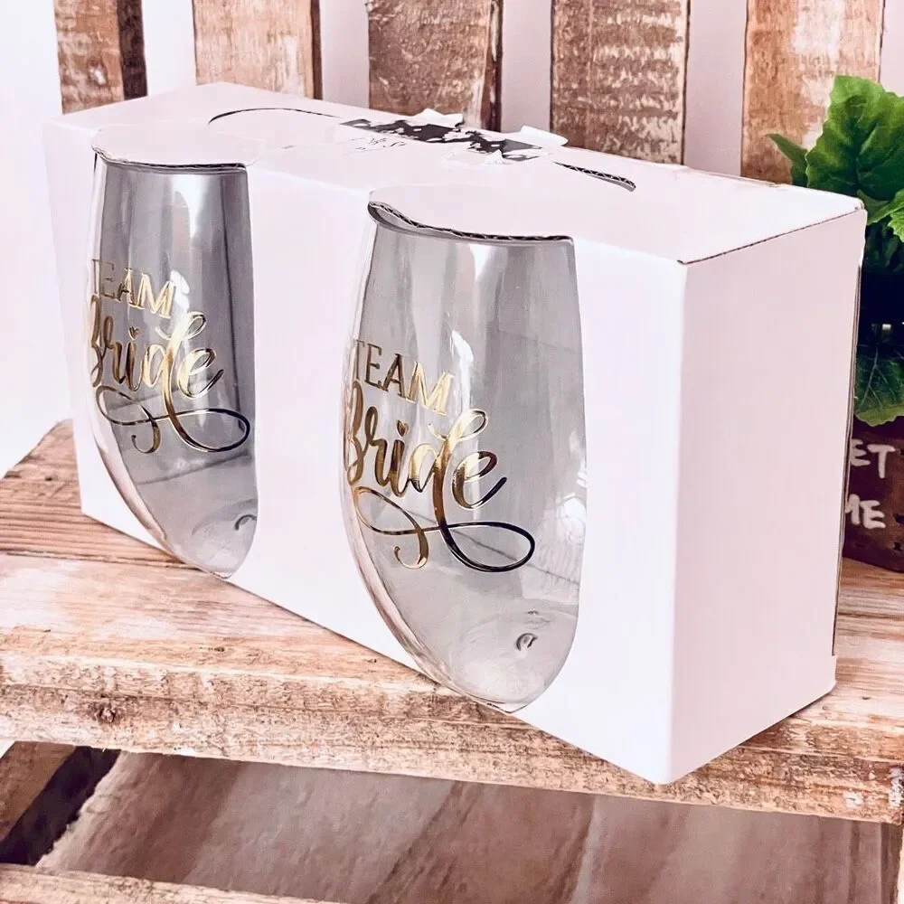 NWT Gorgeous Set of 2 Team Bride 2-Piece Stemless Wine Glass Bridesmaids Perfect